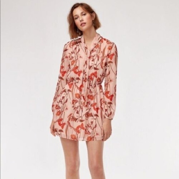 ARITZIA-“LITTLE Moon” Saffron Floral Semi Sheer Long Sleeve Mini Dress (Size: M) - Picture 2 of 14